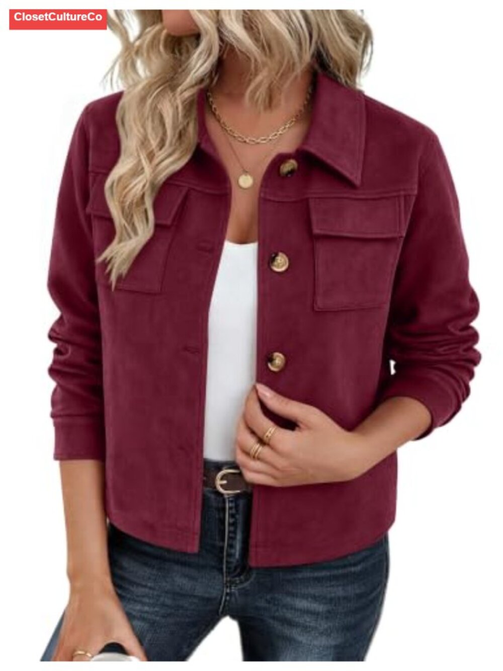 Faux Suede Cropped Jacket Button Up Shacket Long Sleeve Collared Casual
